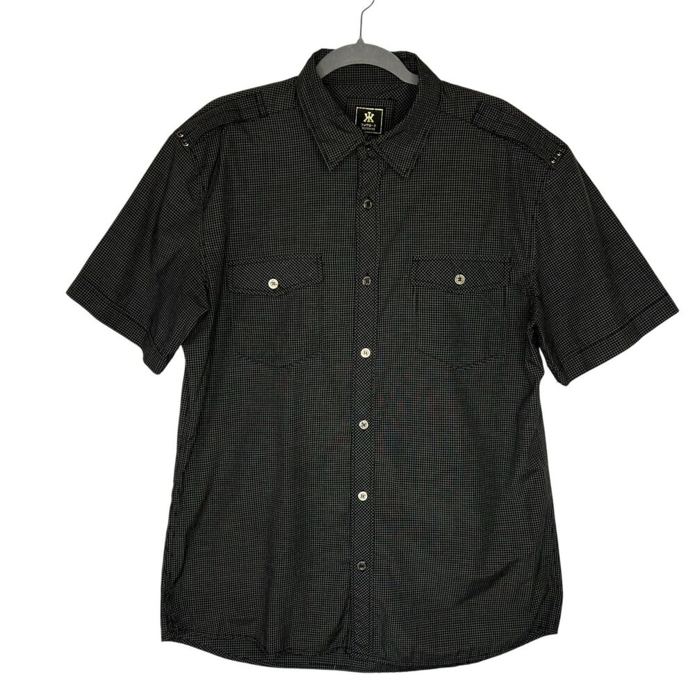 Konkreet Shirt Men's Large Black White Check Button Accent Short Sleeve
